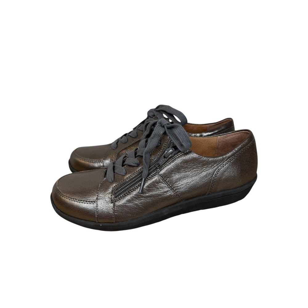 Vionic Abigail Sneakers Womens 7.5 Pewter Metallic Leather Side Zip Comfort
